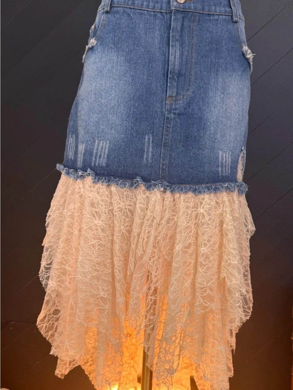 POL Clothing Blue Denim & Cream Lace High-Low Skirt - Picture 11 of 11